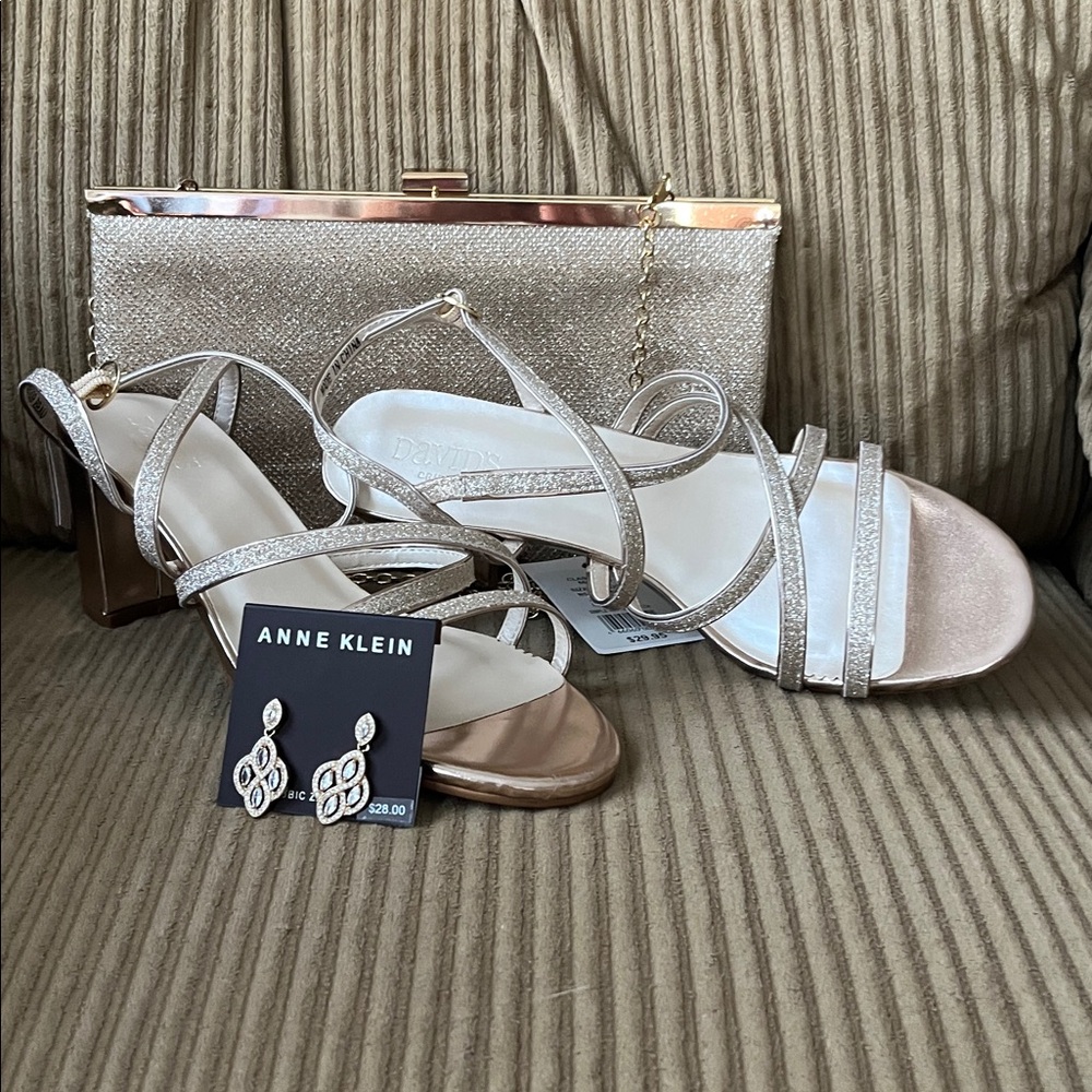 David's Bridal Metallic Strappy Heels, bag and earrings